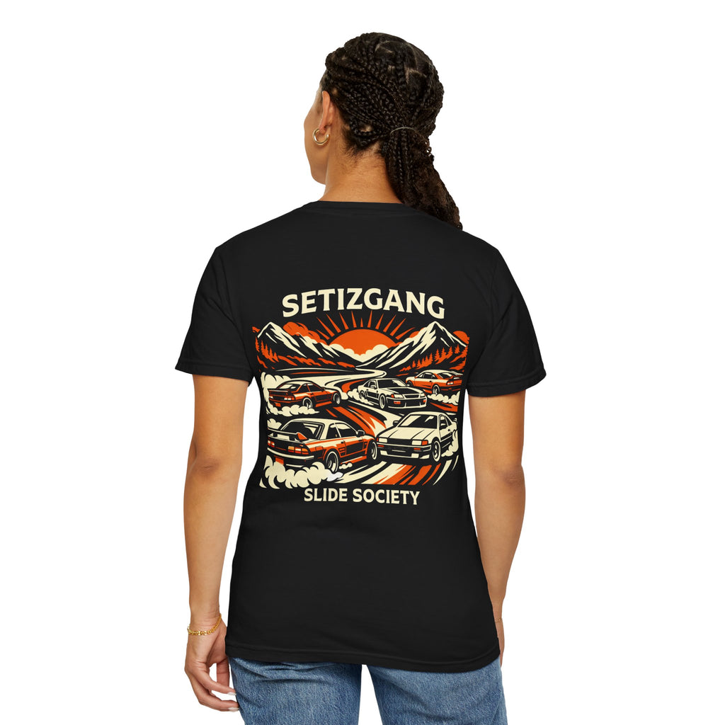 Slide Society Drift Car T-Shirt – Japanese Sunset Mountain Racing Graphic Tee | JDM Streetwear Shirt