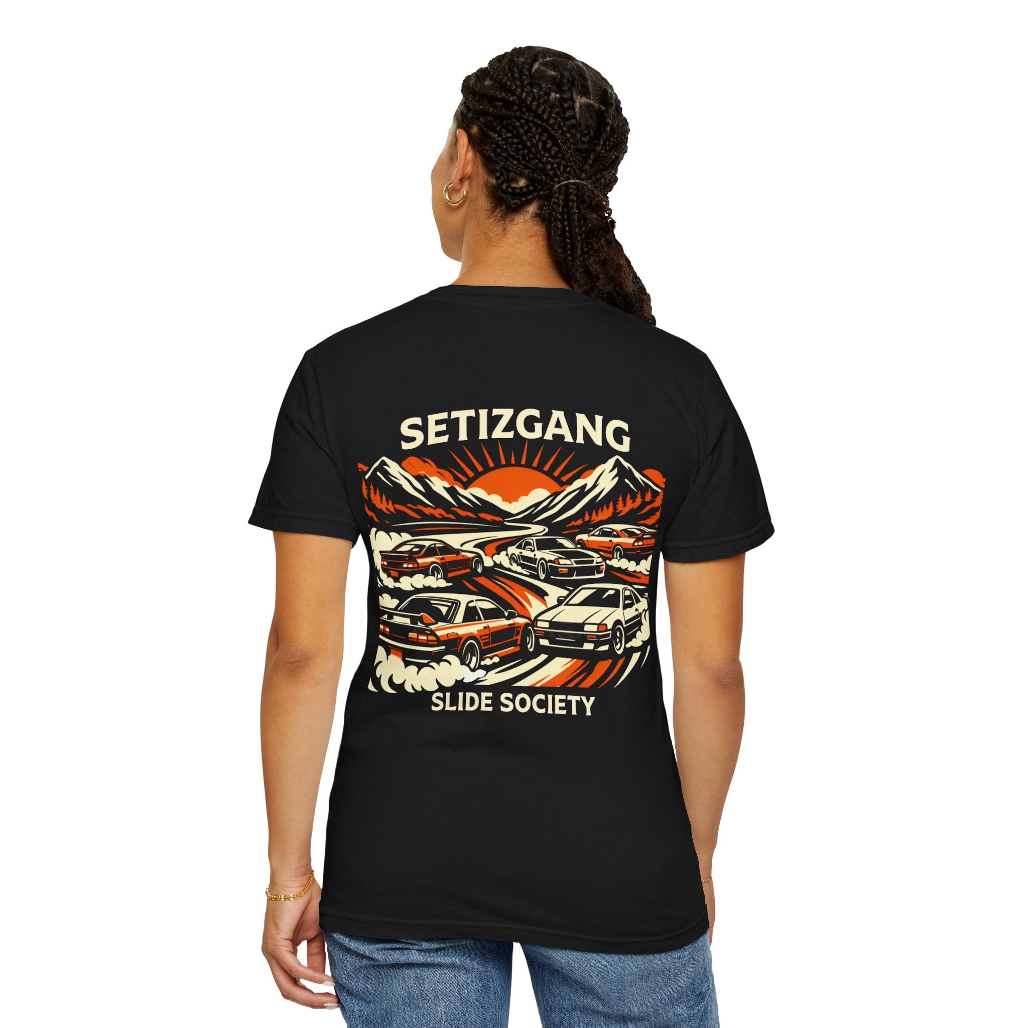 Slide Society Drift Car T-Shirt – Japanese Sunset Mountain Racing Graphic Tee | JDM Streetwear Shirt