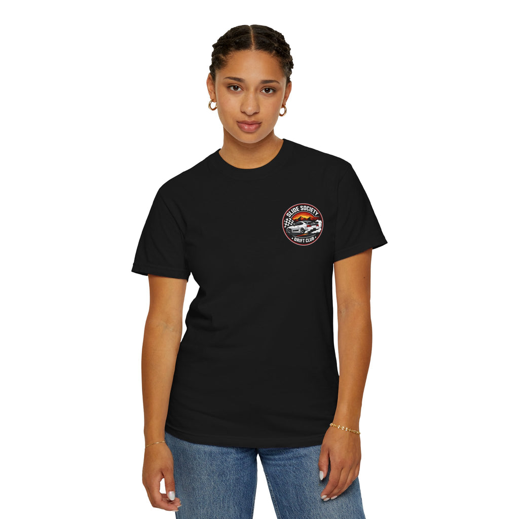 Slide Society Drift Car T-Shirt – Japanese Sunset Mountain Racing Graphic Tee | JDM Streetwear Shirt