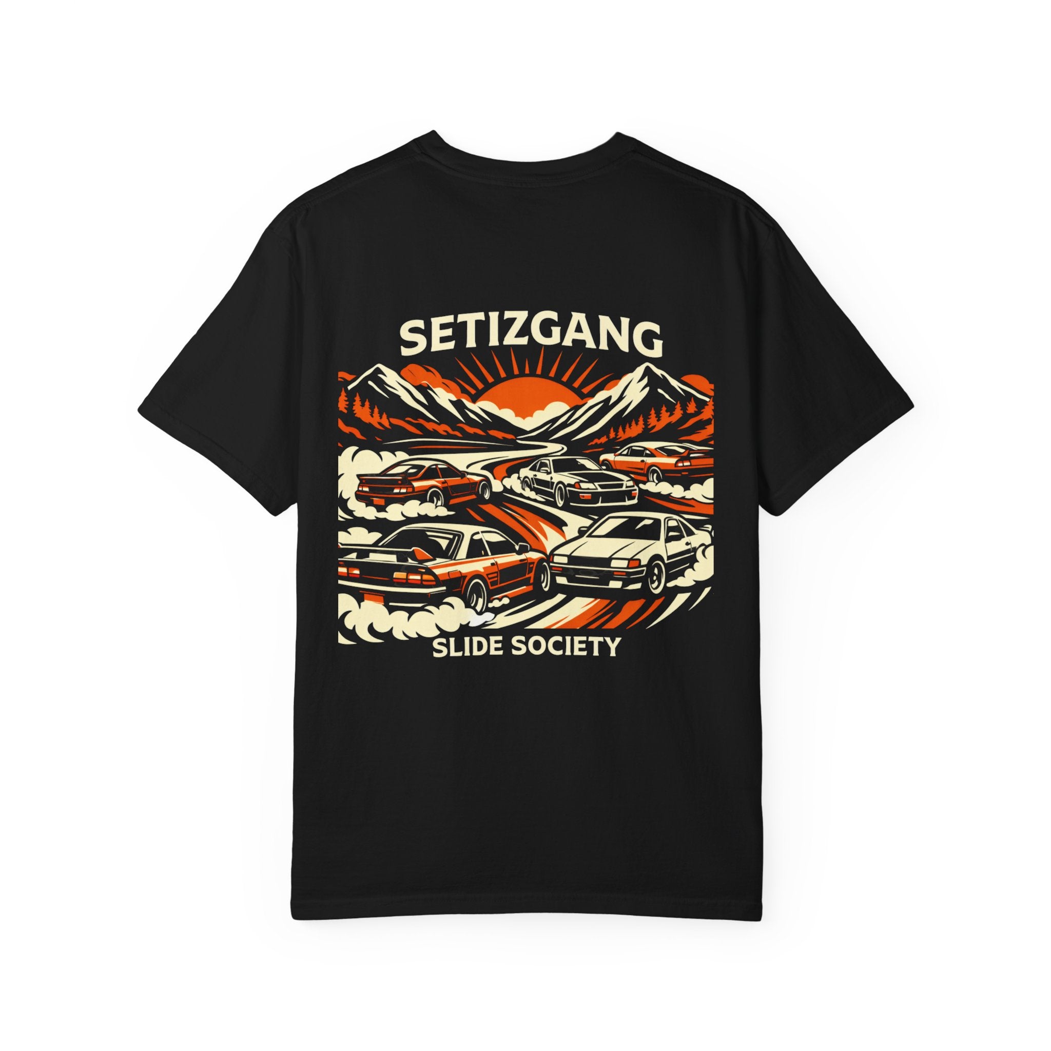 Slide Society Drift Car T-Shirt – Japanese Sunset Mountain Racing Graphic Tee | JDM Streetwear Shirt